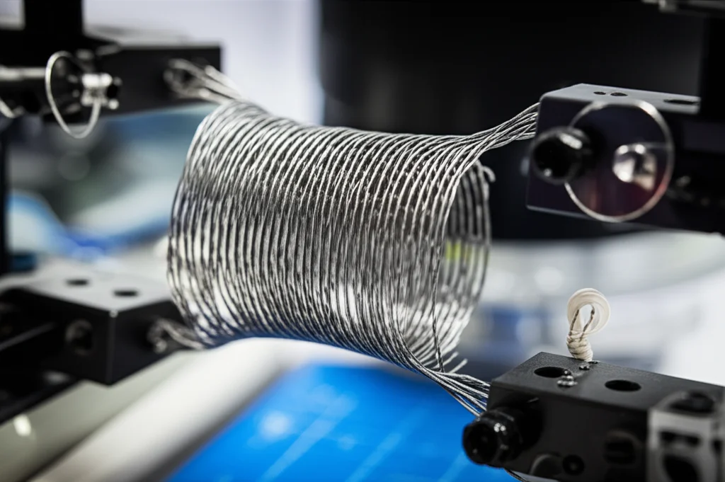 Macro photograph of a complex Nitinol stent structure, showing intricate detail and radial force testing setup elements, 60mm macro lens, high detail, precise focusing, controlled lighting.
