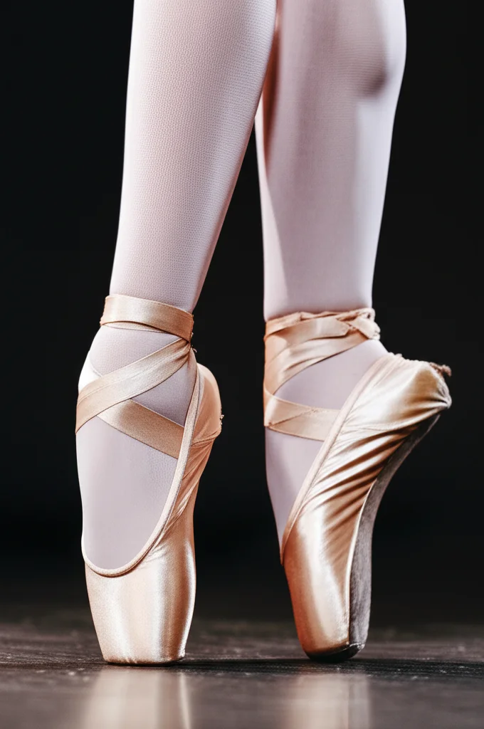 Primo piano dettagliato dei piedi di una ballerina classica 'en pointe', con focus sulla straordinaria curvatura del collo del piede e l'allineamento perfetto della caviglia. Macro lens, 100mm, illuminazione da studio controllata e drammatica per evidenziare la forma, la muscolatura e la tensione. High detail, precise focusing.