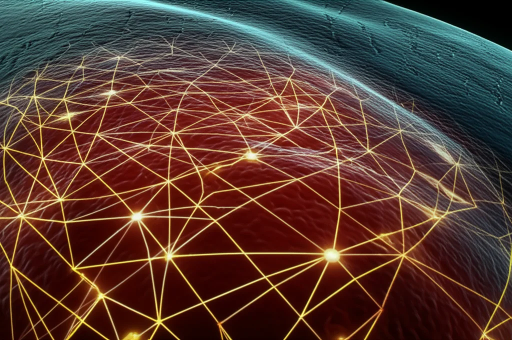 A high detail, precise focusing macro lens shot (105mm) depicting complex cellular signaling pathways (like PI3K/AKT/mTOR) as glowing networks inside a cell, controlled lighting.