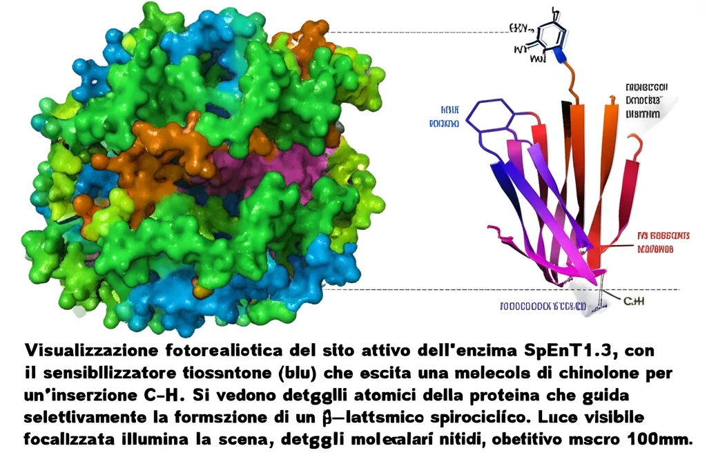 Visualizzazione fotorealistica del sito attivo dell'enzima SpEnT1.3, con il sensibilizzatore tioxantone (blu) che eccita una molecola di chinolone per un'inserzione C-H. Si vedono dettagli atomici della proteina che guida selettivamente la formazione di un β-lattamico spirociclico. Luce visibile focalizzata illumina la scena, dettagli molecolari nitidi, obiettivo macro 100mm.