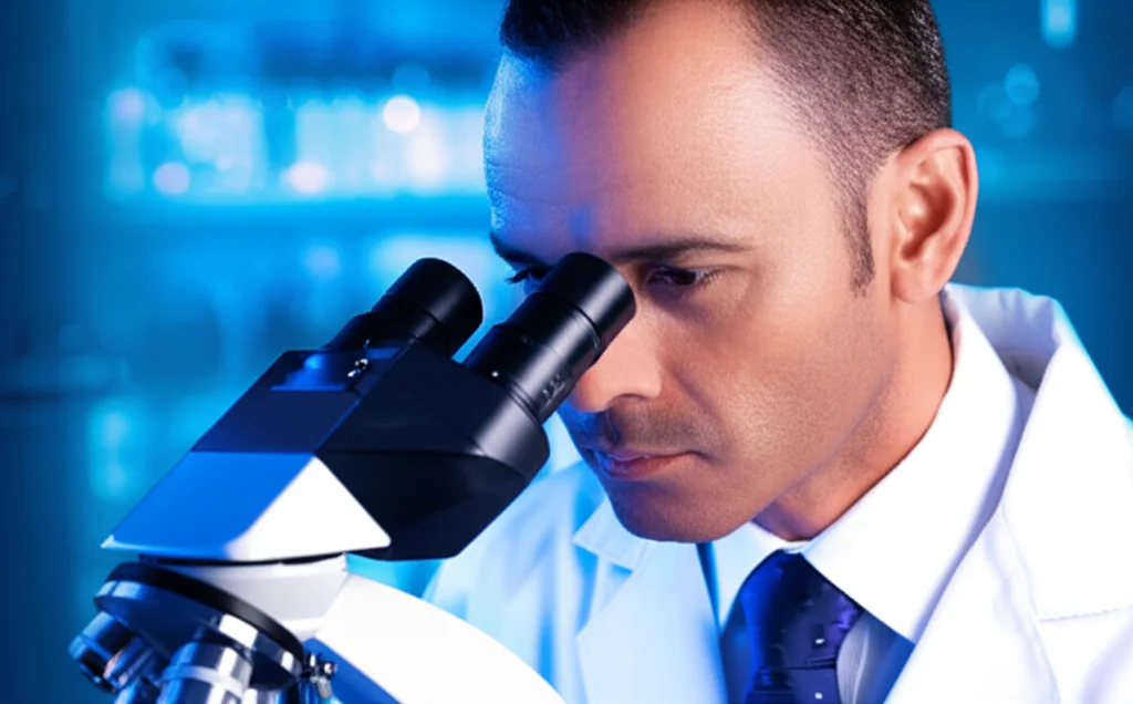 A photorealistic image of a scientist looking intently at a microscope, 35mm portrait lens, depth of field, highlighting the focus on cellular structures involved in disease research.