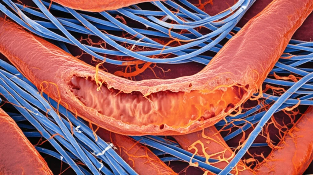 A close-up, detailed macro lens shot (60mm) of damaged lung tissue showing inflammation and thickened airways, with abstract representations of collagen fibers and cellular debris buildup, controlled lighting.