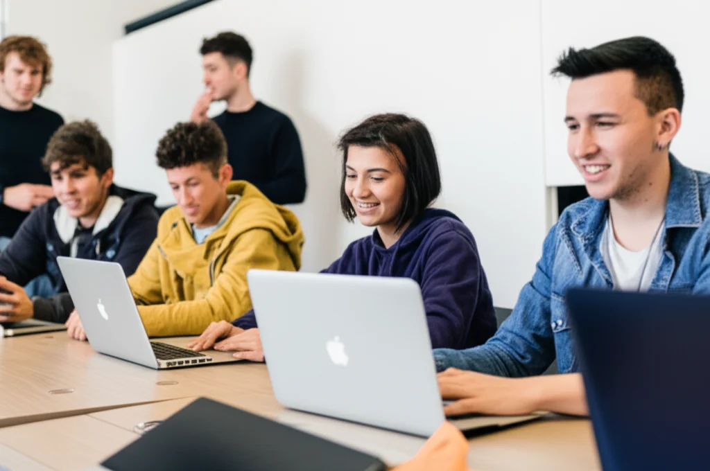 Studenti che collaborano online utilizzando laptop in un ambiente di apprendimento moderno e luminoso, prime lens 35mm, depth of field, luce naturale, colori vivaci e atmosfera positiva.