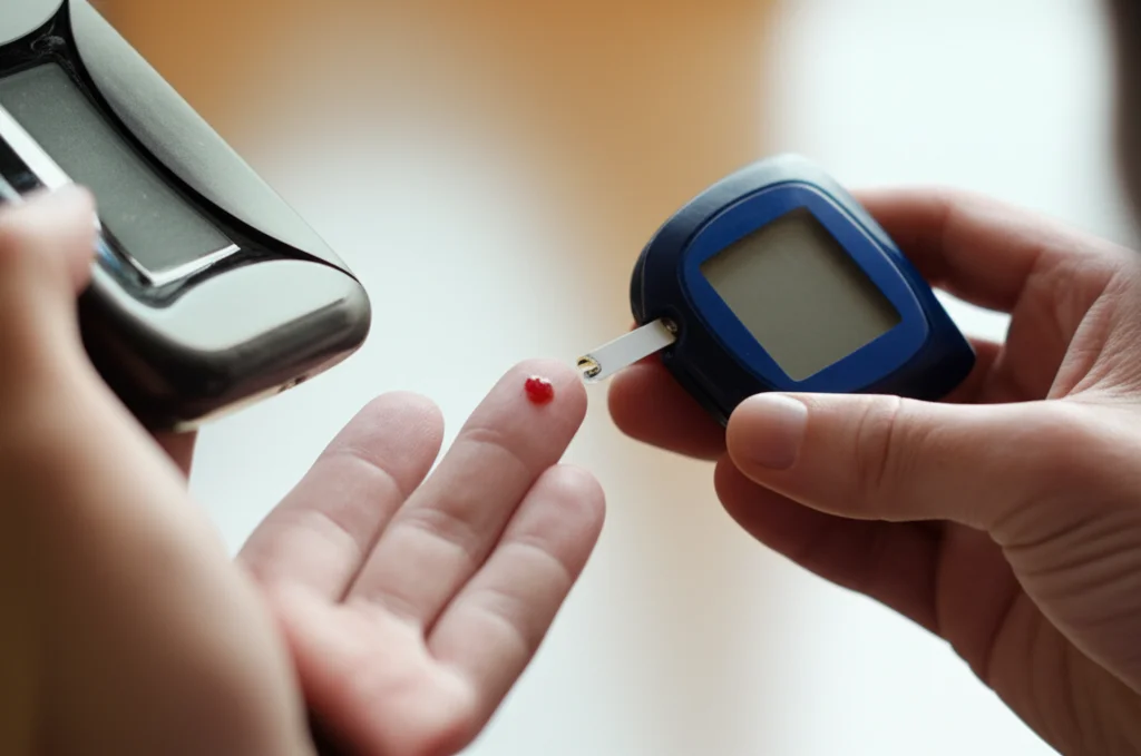 Un paziente diabetico di mezza età che si misura la glicemia con un glucometro, in un ambiente domestico luminoso. Focus preciso sul glucometro e sulla goccia di sangue, obiettivo da 50mm, profondità di campo ridotta per sfocare leggermente lo sfondo.