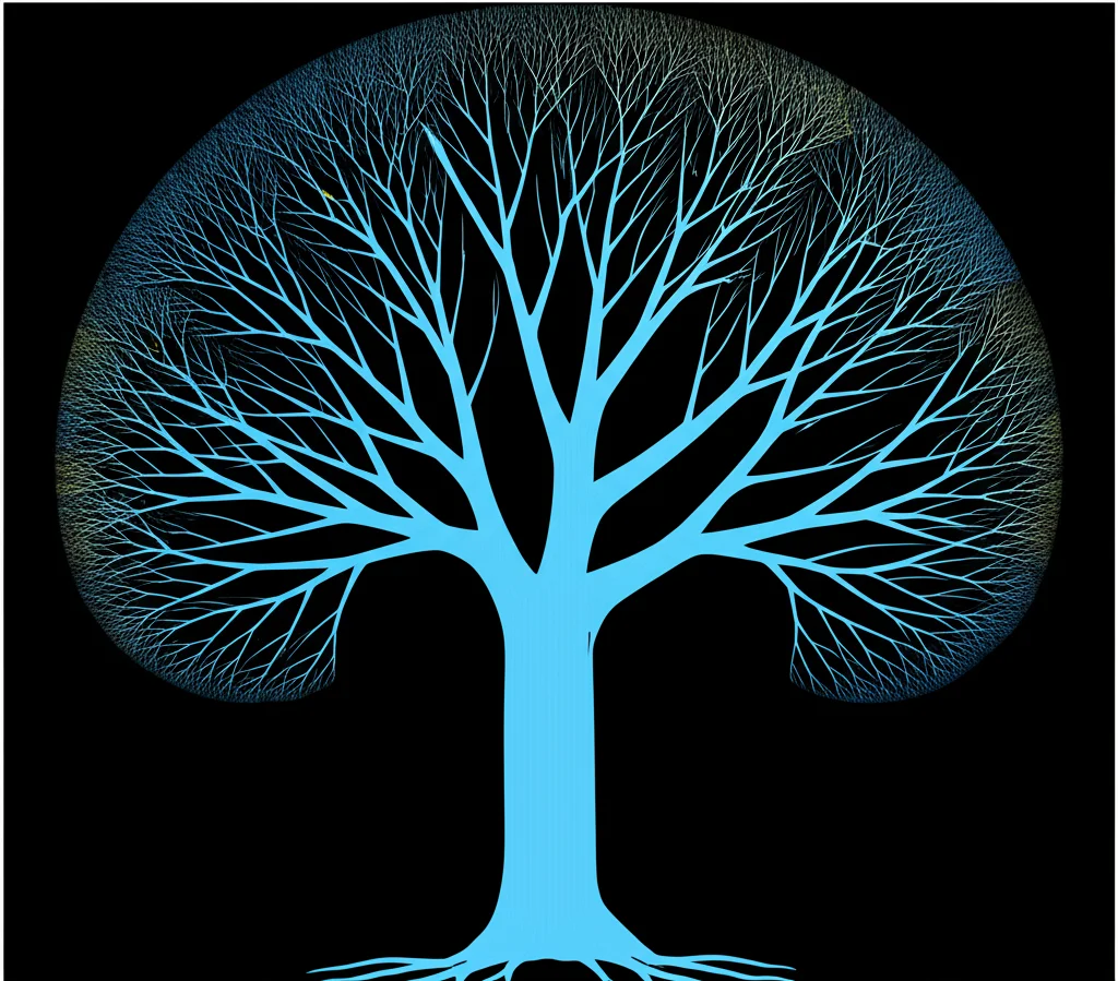 Un albero filogenetico complesso e stilizzato, con alcuni rami chiave illuminati a rappresentare i genomi selezionati da MPS-Sampling. Lente grandangolare da 10mm, effetto profondità di campo, per enfatizzare la vastità e la selezione.