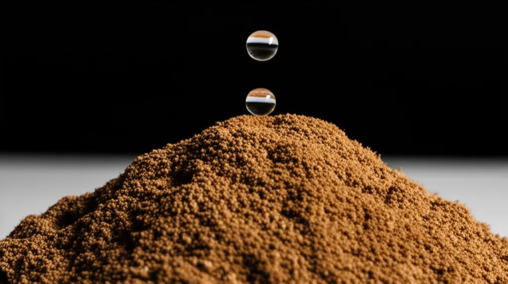 Objects, still life. Macro lens, 60mm. High detail, precise focusing, controlled lighting. A pile of dried leather tanning waste biomass with a single drop of methanol falling onto it, symbolizing the raw material and key reactant.