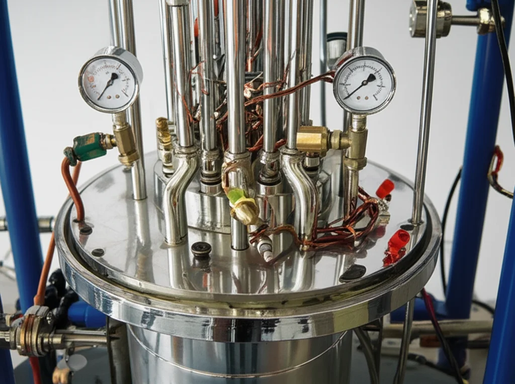 Objects, still life. Macro lens, 105mm. High detail, precise focusing, controlled lighting. A close-up view of a stainless steel supercritical reactor vessel with pressure gauges and heating elements visible, representing the core experimental setup.