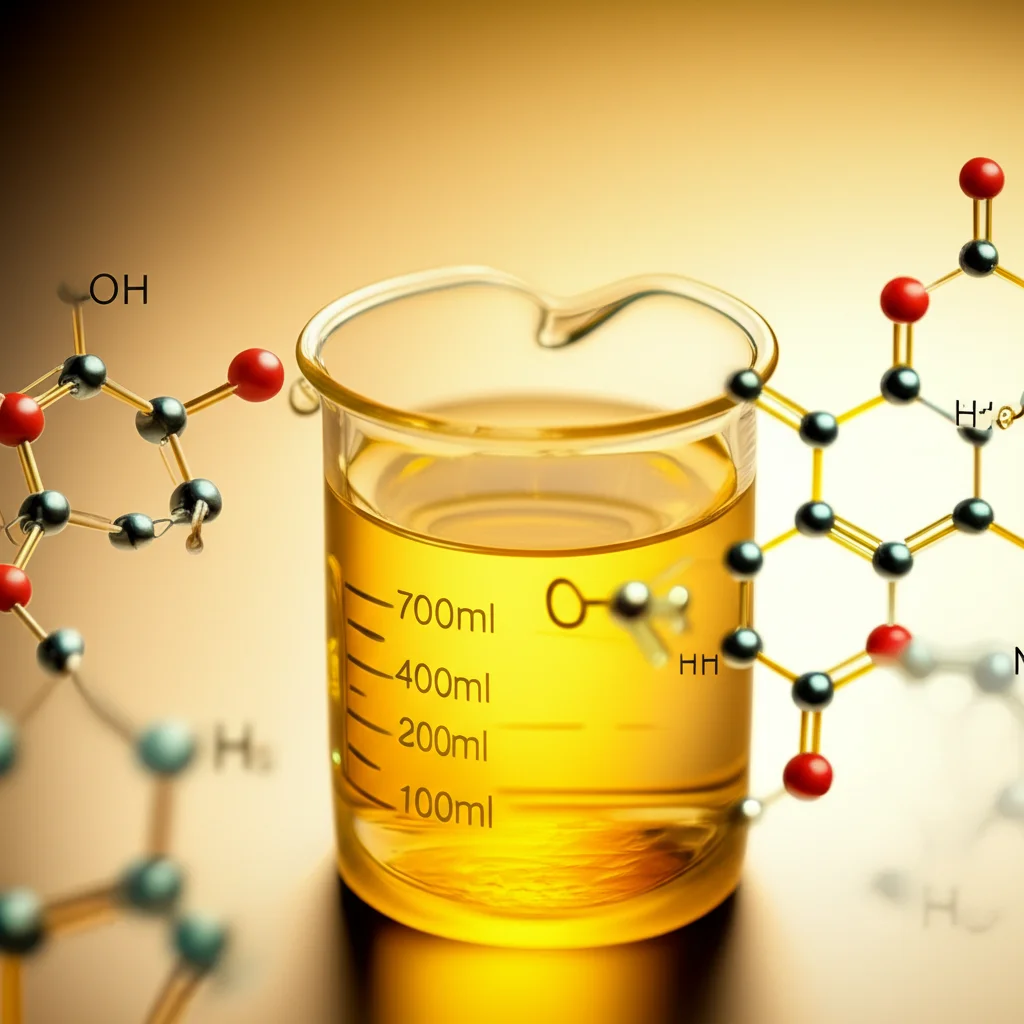 Objects, still life. Macro lens, 60mm. High detail, precise focusing, controlled lighting. A beaker filled with clear, golden biodiesel fuel, with a complex chemical structure overlay representing the FAME molecules, symbolizing the successful conversion and simulation.