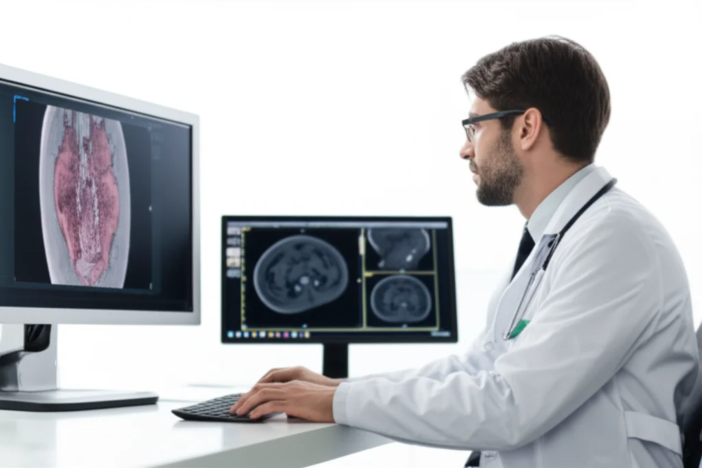 Immagine fotorealistica di un medico specialista in urologia che analizza attentamente una risonanza magnetica prostatica su un monitor ad alta definizione in uno studio medico moderno, utilizzando un obiettivo da 35mm con profondità di campo per enfatizzare la concentrazione del medico e la complessità dell'immagine diagnostica.
