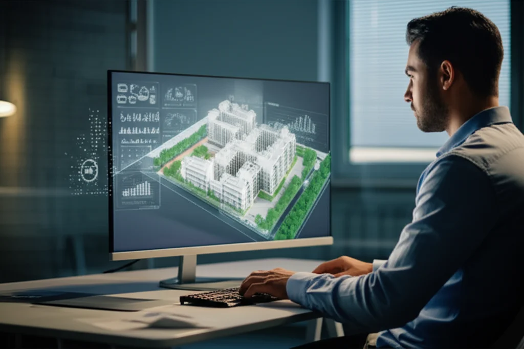 Primo piano di un architetto che lavora su un modello BIM 3D di un edificio residenziale su un grande schermo, con grafici di analisi energetica sovrapposti. L'ambiente è uno studio di design moderno e luminoso. Obiettivo prime, 35mm, profondità di campo per mettere a fuoco lo schermo e sfocare leggermente l'architetto, illuminazione controllata per evidenziare i dettagli del modello digitale.
