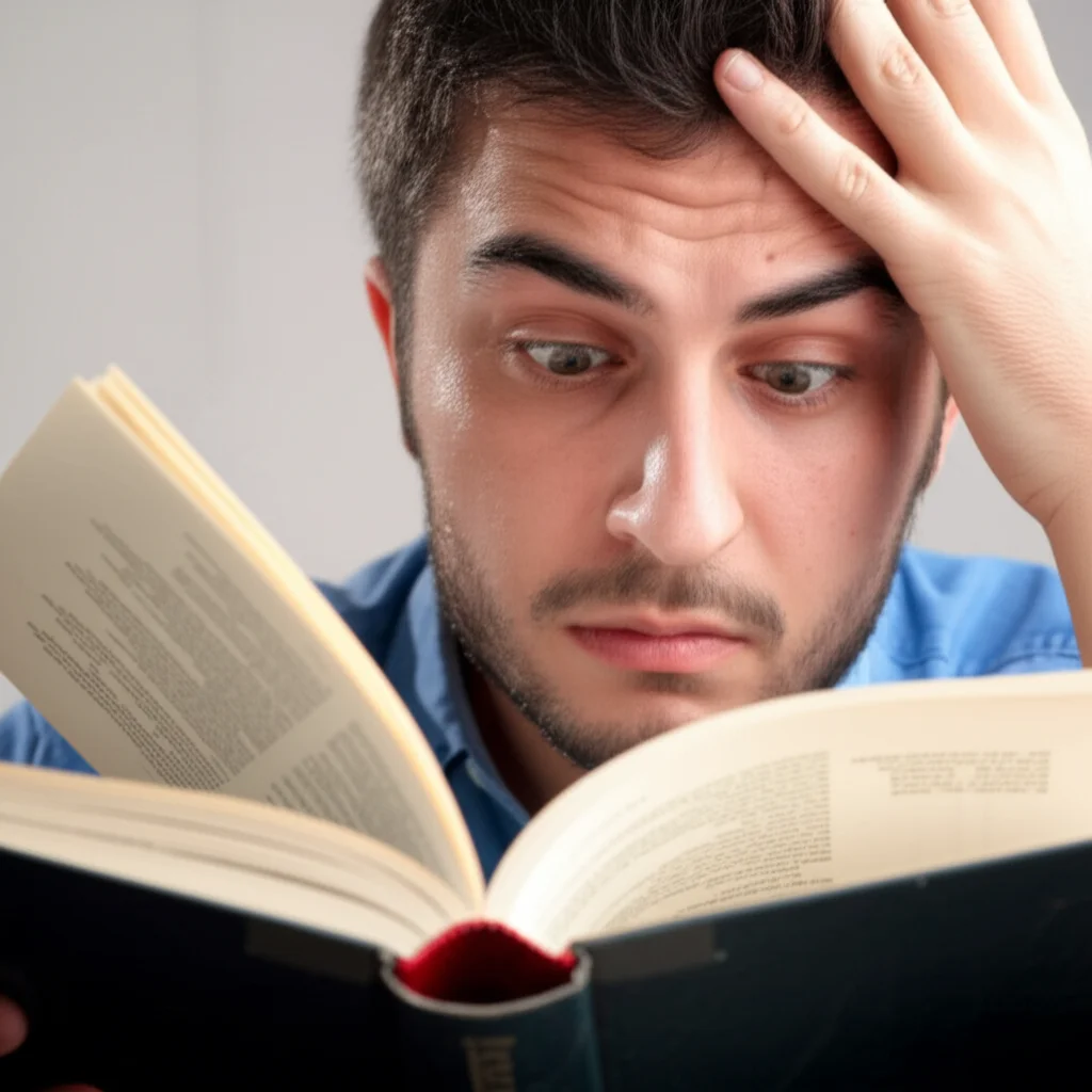 A close-up portrait, 35mm lens, showing a medical student looking stressed while reading a large textbook in a foreign language, depth of field.