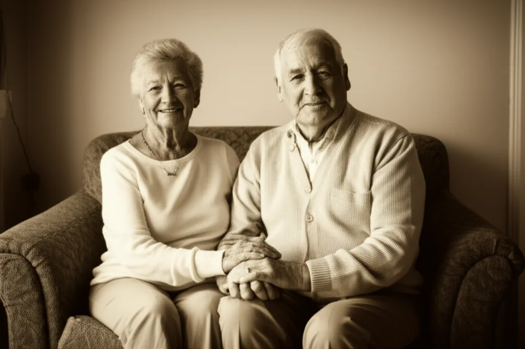 Una coppia matura sorridente si tiene per mano, seduta comodamente su un divano in un salotto accogliente. Luce calda e soffusa. Zoom lens, 50mm, duotone seppia e crema per un'atmosfera intima e serena.