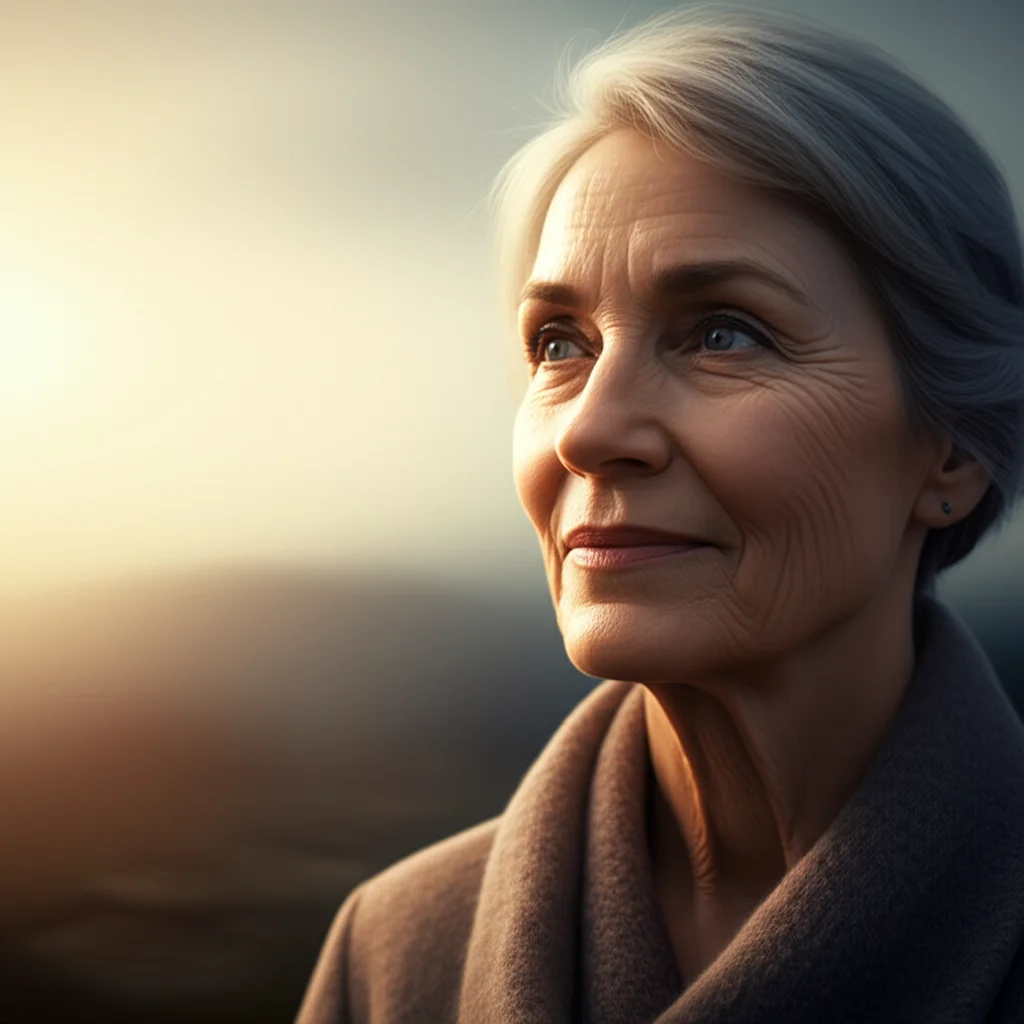 A woman looking hopefully towards the future, 35mm portrait, depth of field, soft lighting, symbolizing progress in health research.