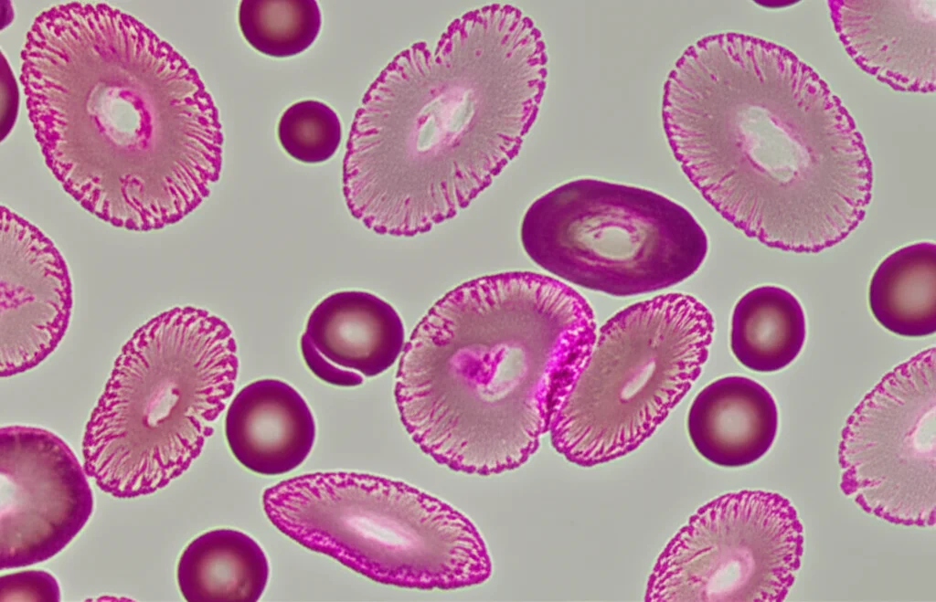 Macro fotografia di cellule del sangue che mostrano una cellula mutata che si replica, illuminazione controllata per evidenziare i dettagli, obiettivo macro 100mm, sfondo scuro per far risaltare le cellule.