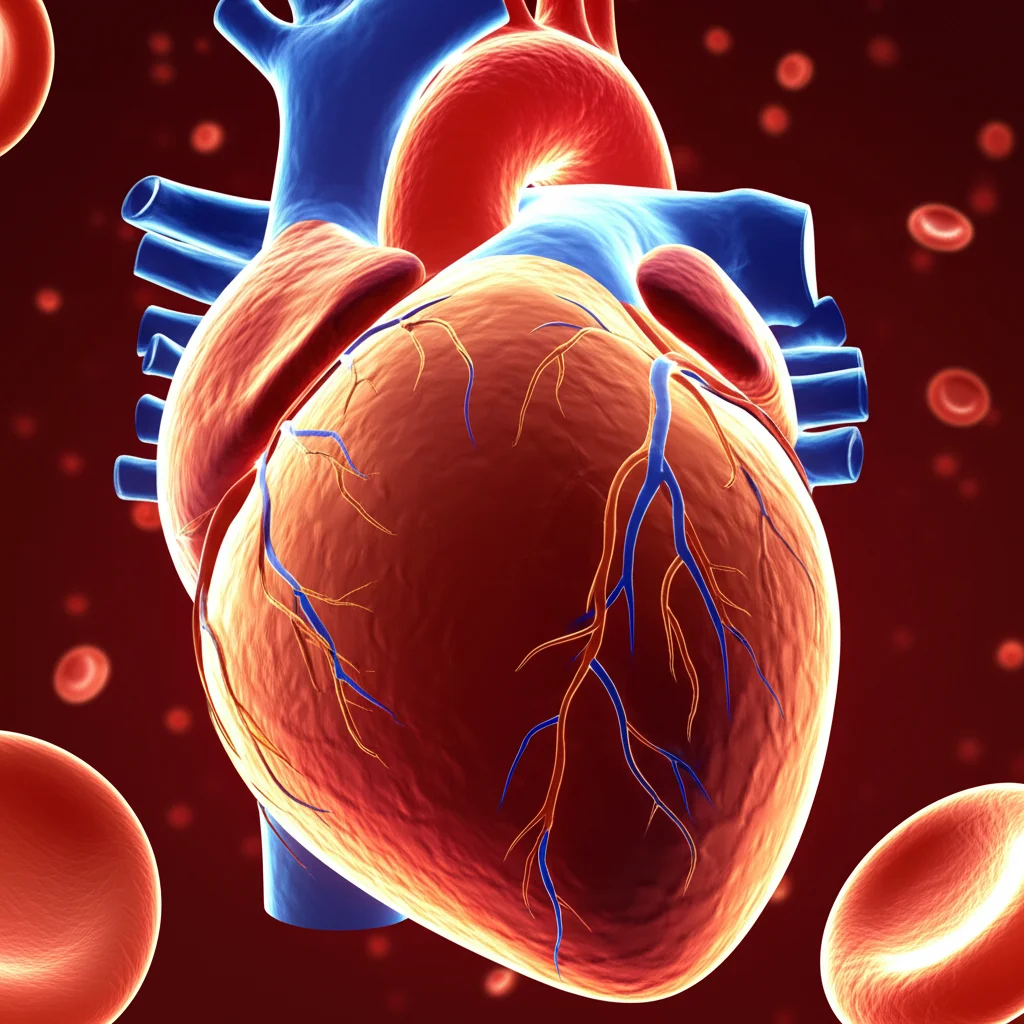 Visualizzazione artistica di un cuore umano con arterie infiammate e cellule immunitarie stilizzate che interagiscono, colori caldi per l'infiammazione, dettagli precisi, obiettivo 50mm con profondità di campo.