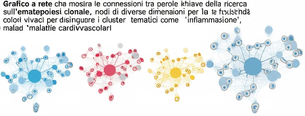 Grafico a rete che mostra le connessioni tra parole chiave della ricerca sull'ematopoiesi clonale, nodi di diverse dimensioni per indicare la frequenza, colori vivaci per distinguere i cluster tematici come 'infiammazione', 'mutazioni', 'malattie cardiovascolari'.