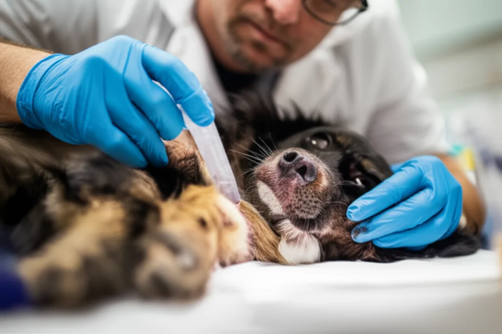 Veterinary technician carefully collecting a cerebrospinal fluid sample from a dog under controlled lighting, macro lens, 100mm, high detail, precise focusing.