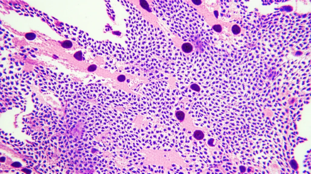 Microscope view of brain tissue showing inflammatory cells, macro lens, 60mm, high detail, controlled lighting.