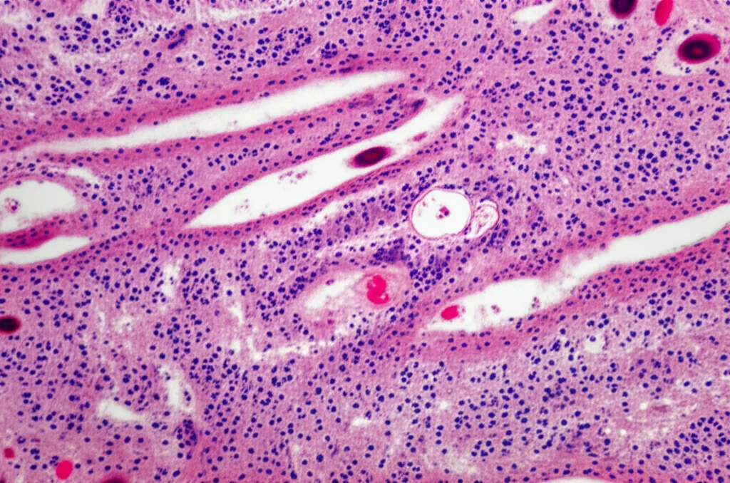 Macro lens, 105mm, high detail, precise focusing, controlled lighting, microscopic view of a kidney biopsy showing inflamed glomeruli and tiny blood clots.