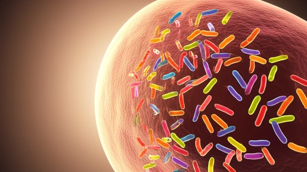 Macro lens, 80mm, high detail, controlled lighting, rappresentazione artistica di metaboliti microbici colorati (molecole stilizzate) che fluiscono da una fonte materna sottilmente indicata (struttura simil-placentare) verso un intestino fetale in via di sviluppo all'interno di un ambiente simile all'utero, dolcemente illuminato.