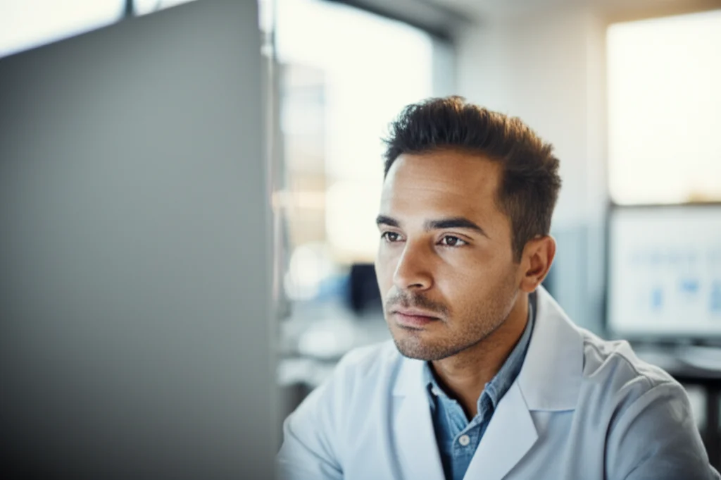 Portrait, 35mm lens, depth of field, natural light, a medical researcher looking intently at data on a computer screen in a modern lab setting.