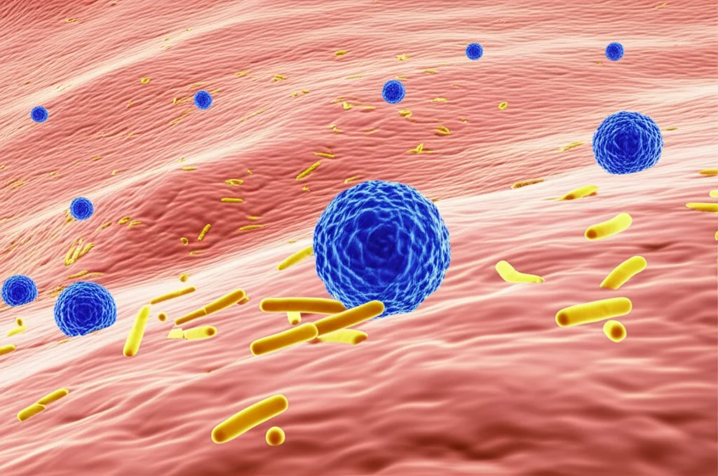 Macro lens, 100mm, precise focusing, high detail, visualizzazione astratta di cellule immunitarie (linfociti T, macrofagi, stilizzati) all'interno della mucosa intestinale fetale che interagiscono con diverse strutture molecolari rappresentanti metaboliti batterici (SCFA, acidi biliari), con illuminazione soffusa e diffusa che enfatizza i punti di interazione.