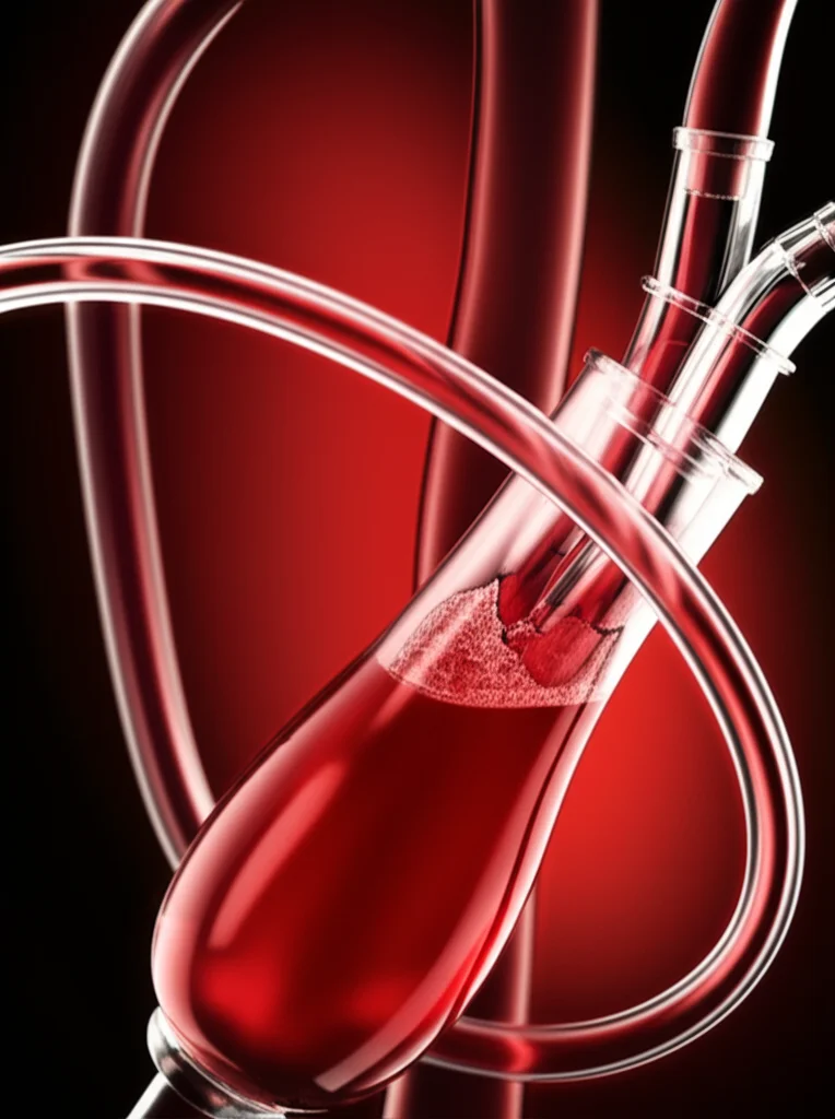 Still life, 60mm macro, high detail, precise focusing, controlled lighting, abstract representation of blood filtration using medical tubing and fluid.