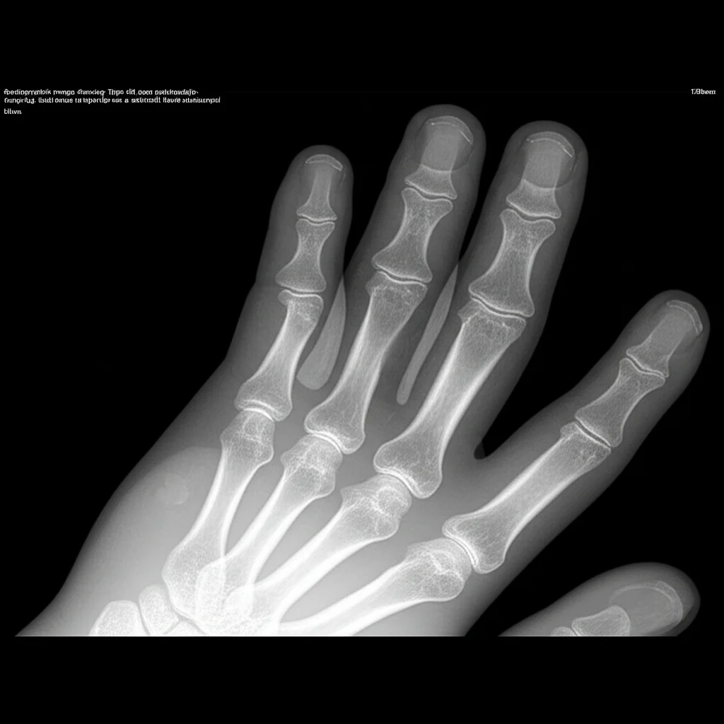 Radiographic image showing Type 4d ulnar polydactyly, with a duplicated little finger originating from a deformed fourth metacarpal bone, telephoto zoom lens, 100mm, high detail, precise focusing.