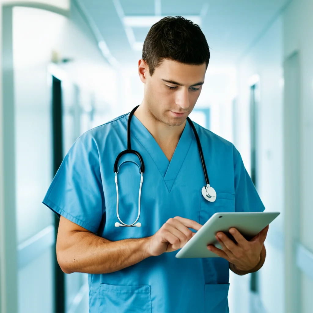 A urologist in surgical scrubs stands in a hospital corridor, looking at patient charts on a tablet, 35mm portrait, depth of field, controlled lighting.