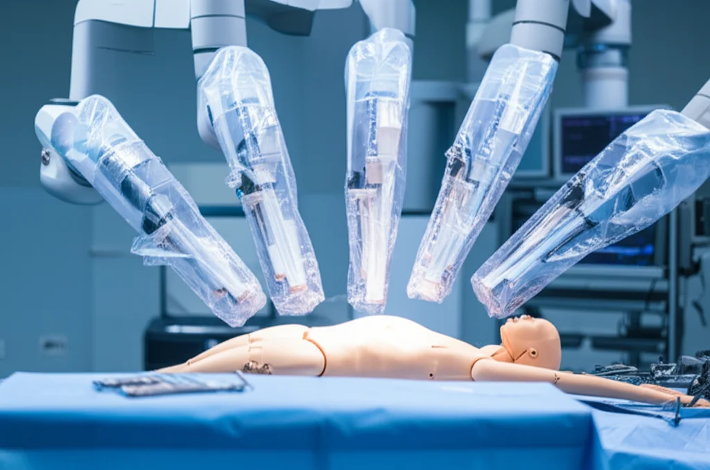 A robotic surgical arm positioned over a patient dummy in an operating room, macro lens, 100mm, high detail, controlled lighting.