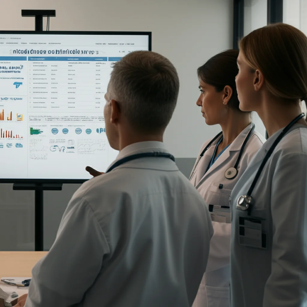 Three healthcare administrators or researchers in a modern meeting room, reviewing data charts on a large screen, 24mm portrait, controlled lighting, high detail.