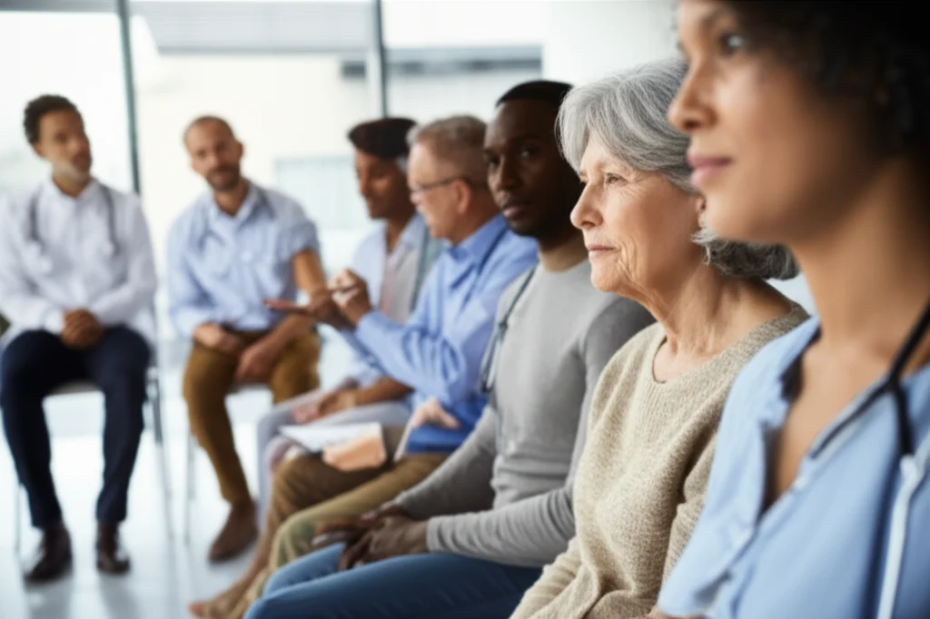 Photorealistic portrait of a diverse group of middle-aged individuals undergoing health check-ups, seated in a waiting area. Use a prime lens, 35mm, with shallow depth of field to focus on a few faces, capturing a sense of routine medical examination.