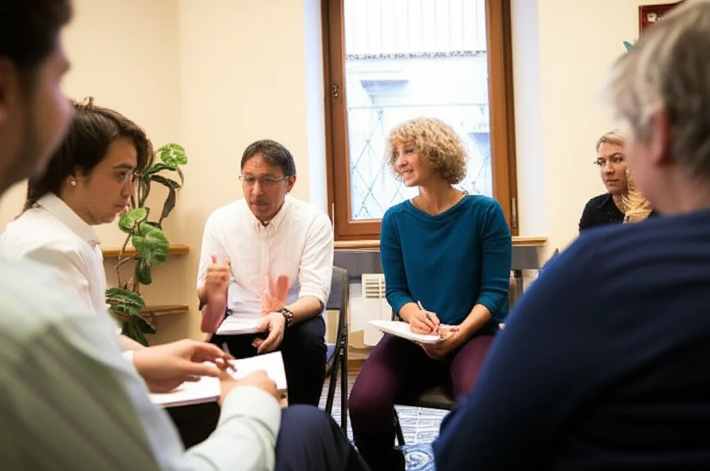 Un gruppo eterogeneo di psicoterapeuti, uomini e donne di età diverse, partecipa a una sessione di supervisione di gruppo in un ambiente accogliente e luminoso. Alcuni prendono appunti, altri ascoltano attentamente, espressioni concentrate ma serene. Luce naturale filtra da una finestra. Obiettivo prime da 35mm, profondità di campo per mettere a fuoco il gruppo ma sfocare leggermente lo sfondo, toni caldi e rassicuranti.