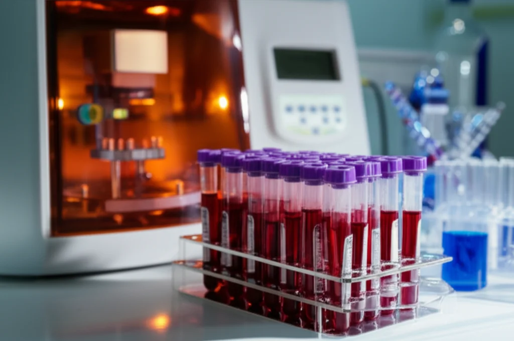 Photorealistic still life image of laboratory equipment, including test tubes with simulated blood samples and a scientific analyzer machine, illuminated with controlled lighting. Use a macro lens, 105mm, high detail, precise focusing.