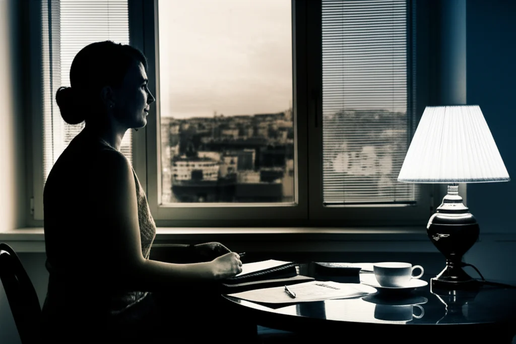 Una psicoterapeuta, ripresa di spalle, guarda fuori da una finestra del suo studio verso una città frenetica al crepuscolo. La stanza è in penombra, illuminata solo dalla luce esterna e da una piccola lampada da tavolo. Sulla scrivania, fogli sparsi e una tazza di caffè freddo. Atmosfera riflessiva, quasi malinconica. Obiettivo da 35mm, stile film noir con forti contrasti tra luci e ombre, duotone seppia e blu scuro.