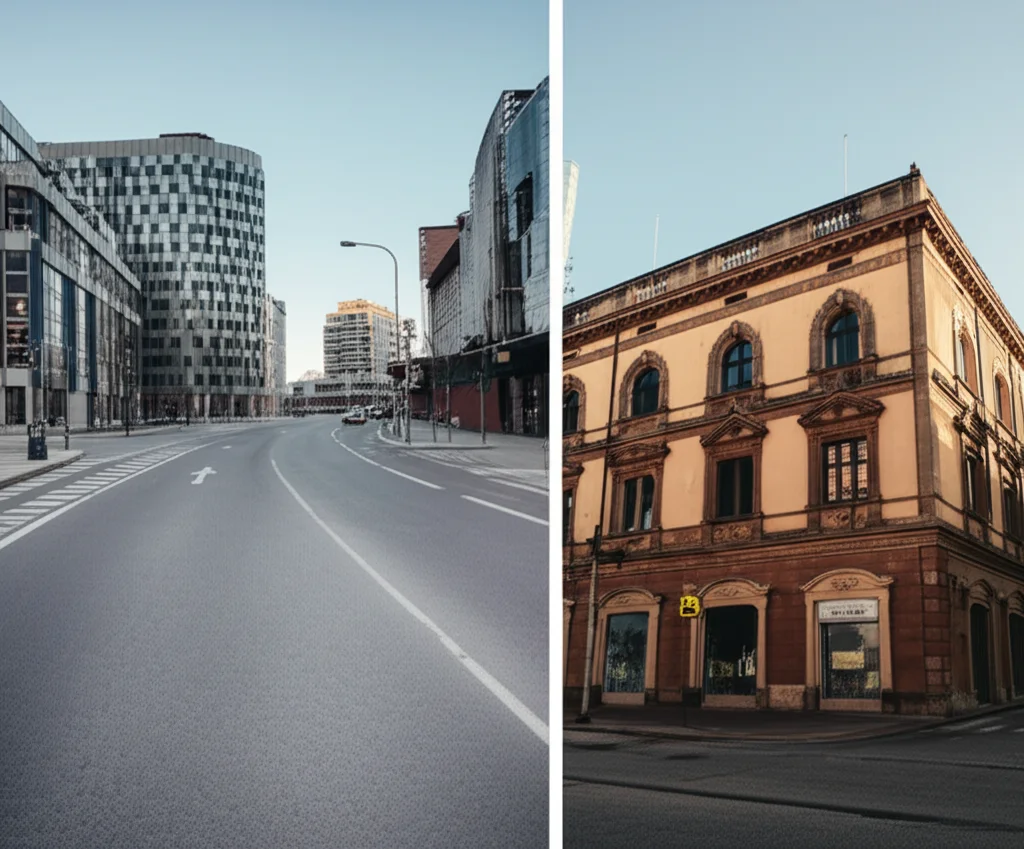 Immagine divisa verticalmente: a sinistra un'area urbana moderna, forse un po' sterile e di nuova concezione; a destra un quartiere più vecchio, affascinante e vivace con negozi locali. Obiettivo grandangolare da 24mm per catturare entrambi gli ambienti, illuminazione contrastante per evidenziare le differenze.