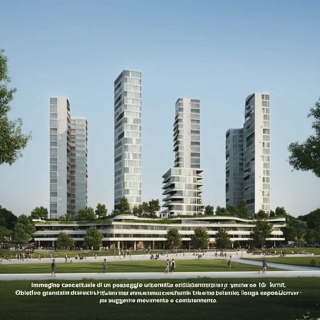 Immagine concettuale di un paesaggio urbano futuristico con edifici modulari e adattabili, integrati con ampi spazi verdi. Obiettivo grandangolare da 18mm, toni leggermente desaturati con tocchi di verde brillante, lunga esposizione per suggerire movimento e cambiamento.