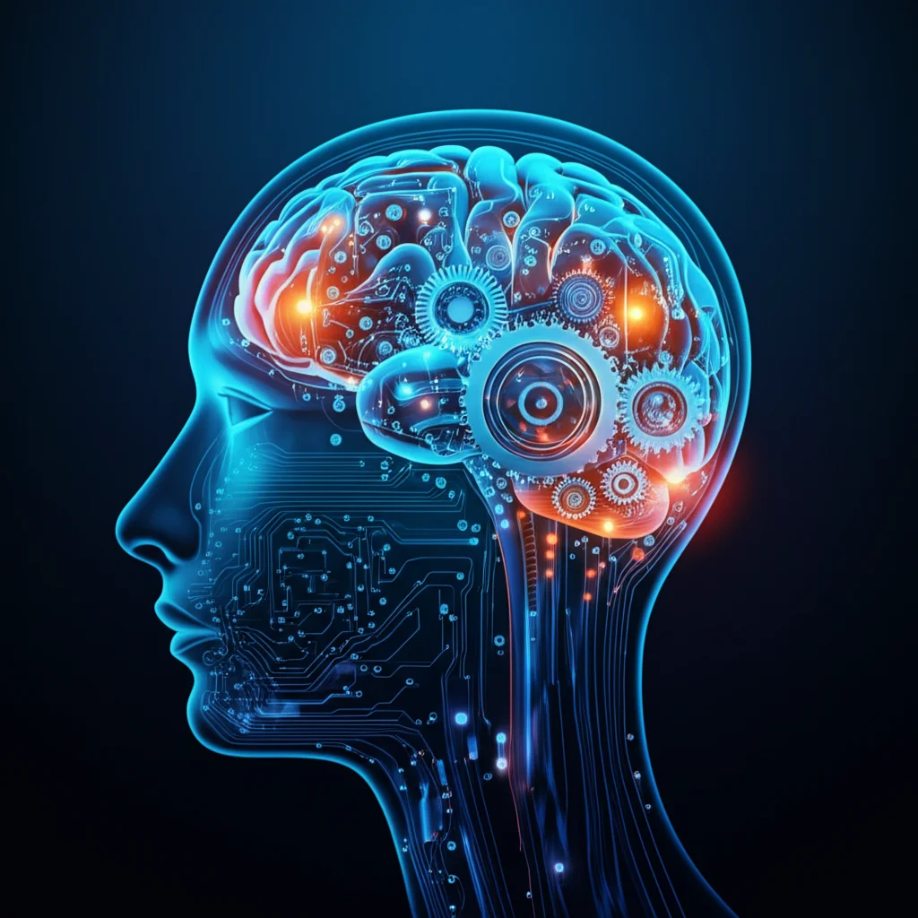 Visualizzazione astratta di un cervello digitale stilizzato con ingranaggi e circuiti luminosi che si interconnettono, simboleggiando l'integrazione tra cognitive computing e deep learning. Obiettivo macro 70mm, high detail, illuminazione controllata con accenti blu elettrico e arancione per rappresentare i due tipi di intelligenza.