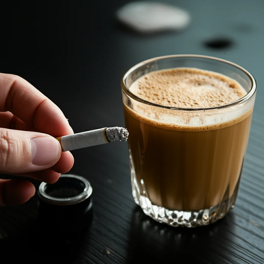 A close-up macro lens 60mm shot of a hand holding a cigarette next to a glass of sugary coffee, high detail, controlled lighting, representing common risk factors in Indonesia.
