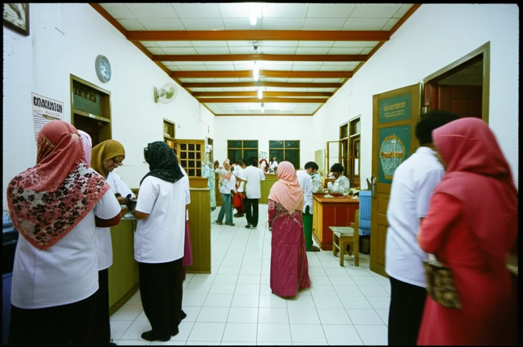 A scene inside a bustling community health center (Puskesmas) in Indonesia, 35mm zoom lens, capturing the activity of health workers and patients.