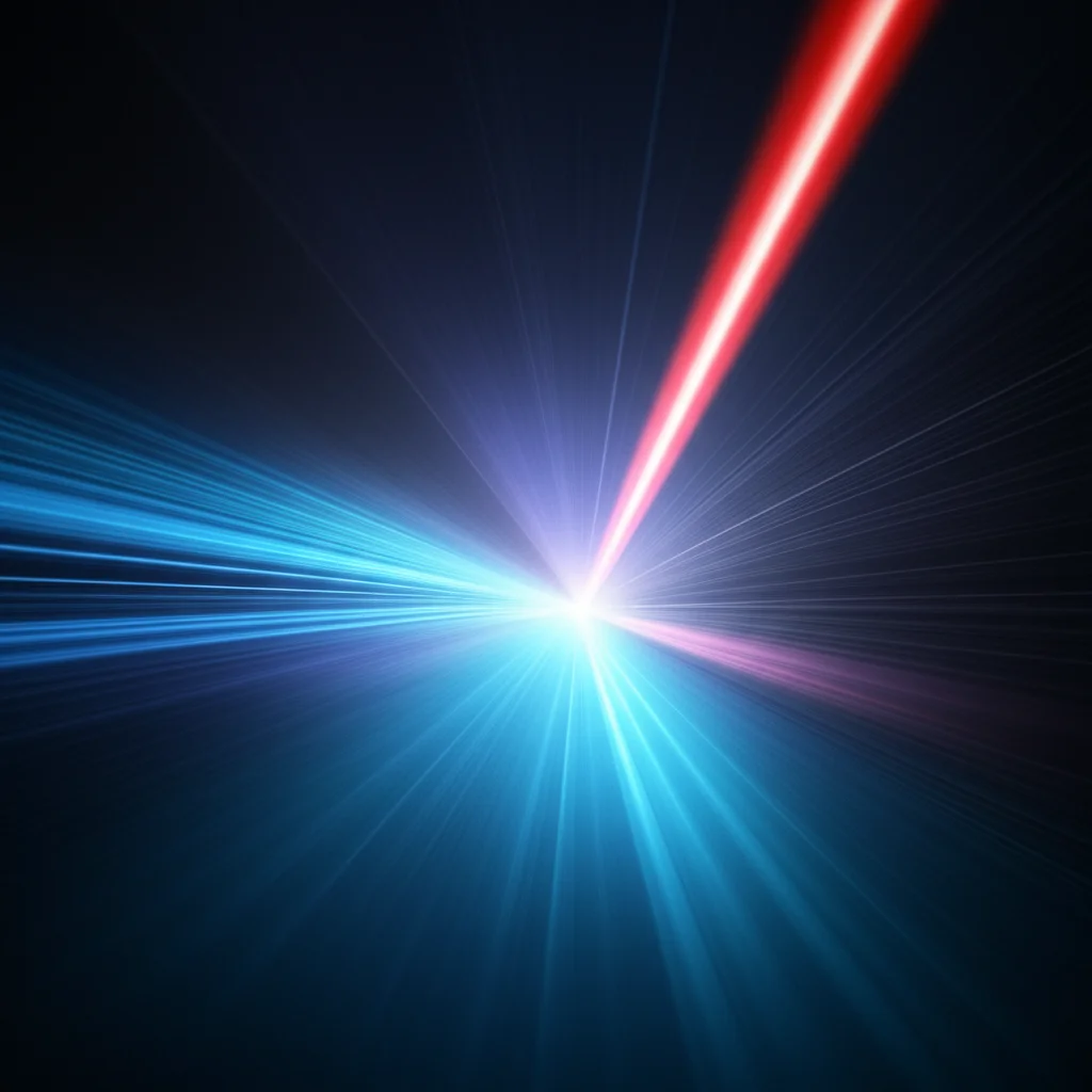 Visualizzazione astratta di un raggio laser che modella con precisione la cornea durante un intervento LASIK, fasci di luce colorata su sfondo scuro, effetto movimento veloce, teleobiettivo zoom 150mm, alta tecnologia, precisione chirurgica.