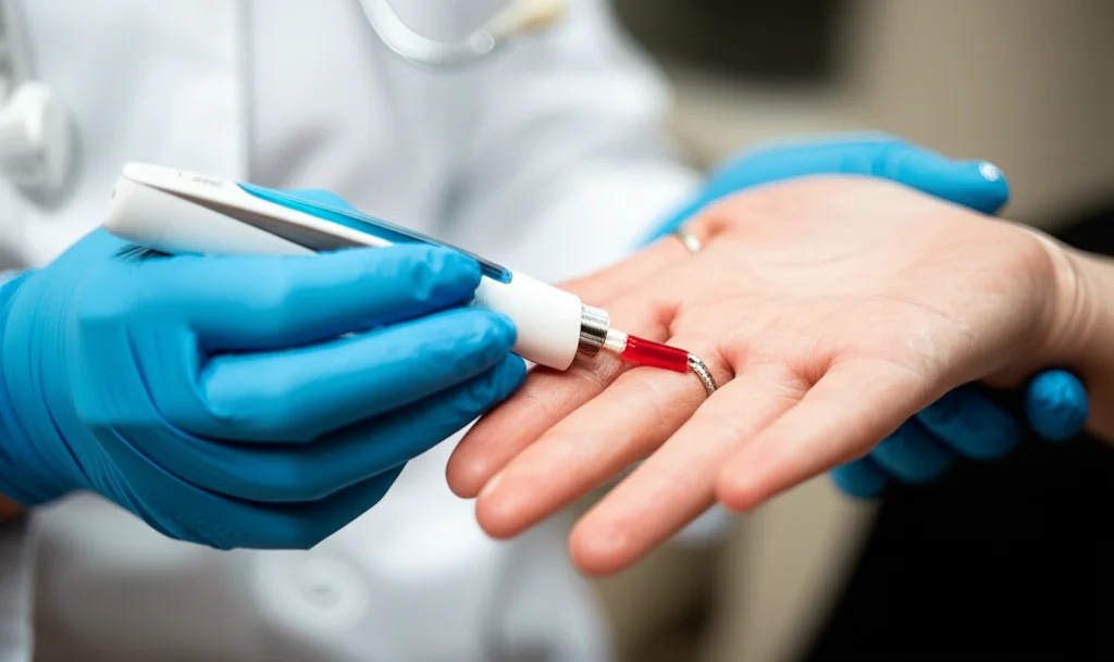 A health worker using a point-of-care blood glucose machine on a patient's finger, 100mm macro lens, precise focusing, high detail, symbolizing improved access to diabetes screening.