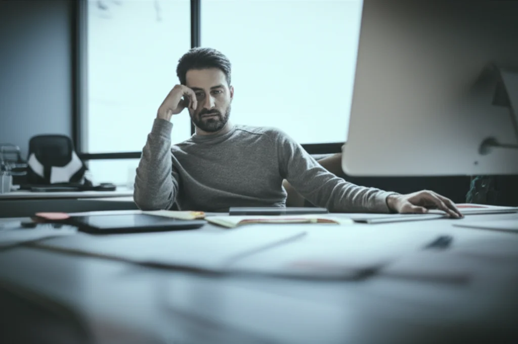 Un professionista sanitario norvegese, pensieroso, seduto alla sua scrivania in un ufficio moderno e luminoso, con documenti sparsi. Luce soffusa che entra dalla finestra, creando un'atmosfera di riflessione. Prime lens, 35mm, depth of field, duotone blu e grigio.