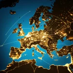 Composizione fotorealistica dinamica che mostra una mappa stilizzata dell'Europa con regioni NUTS 2 luminose. Frecce di luce (che rappresentano lo stimolo fiscale) partono da Bruxelles e si diffondono in modo diseguale, più luminose in alcune regioni (moltiplicatore alto) e più deboli in altre (moltiplicatore basso). Effetto obiettivo primario, 35mm, con profondità di campo focalizzata su una regione centrale, forse Italia o Germania. Effetto duotone, blu e oro, che suggerisce analisi e valore economico.