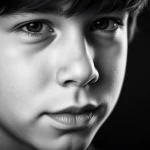 Fotografia stile ritratto, primo piano del volto di un adolescente con un'espressione facciale leggermente ambigua, forse un accenno di sorriso agli angoli della bocca ma con sopracciglia neutre o leggermente aggrottate. Luce morbida laterale che evidenzia i dettagli del viso. Obiettivo prime da 50mm, profondità di campo ridotta che sfoca lo sfondo. Bianco e nero per enfatizzare le forme e le espressioni piuttosto che i colori.