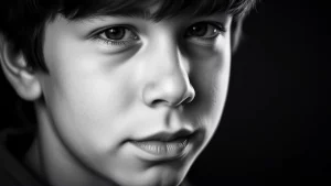 Fotografia stile ritratto, primo piano del volto di un adolescente con un'espressione facciale leggermente ambigua, forse un accenno di sorriso agli angoli della bocca ma con sopracciglia neutre o leggermente aggrottate. Luce morbida laterale che evidenzia i dettagli del viso. Obiettivo prime da 50mm, profondità di campo ridotta che sfoca lo sfondo. Bianco e nero per enfatizzare le forme e le espressioni piuttosto che i colori.