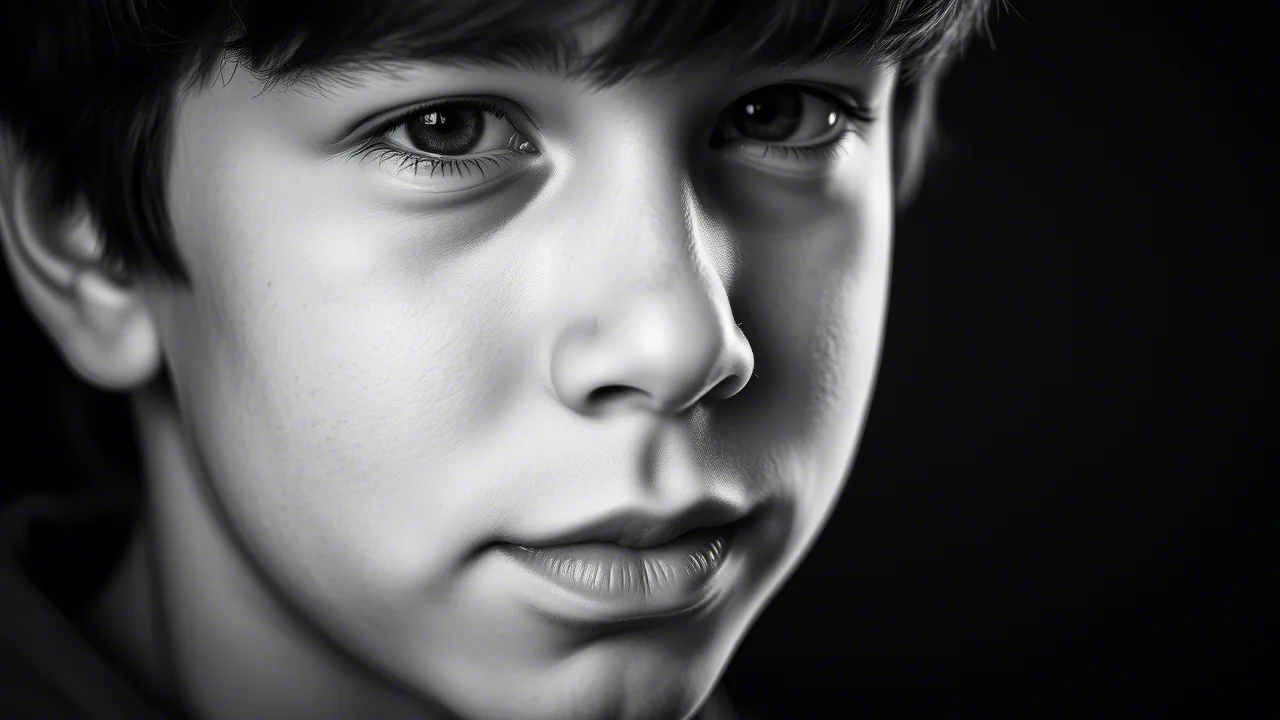 Fotografia stile ritratto, primo piano del volto di un adolescente con un'espressione facciale leggermente ambigua, forse un accenno di sorriso agli angoli della bocca ma con sopracciglia neutre o leggermente aggrottate. Luce morbida laterale che evidenzia i dettagli del viso. Obiettivo prime da 50mm, profondità di campo ridotta che sfoca lo sfondo. Bianco e nero per enfatizzare le forme e le espressioni piuttosto che i colori.
