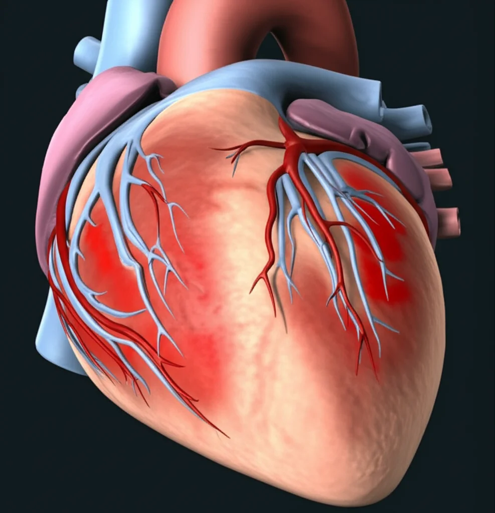Illustrazione medica fotorealistica di un cuore umano sezionato che mostra l'atrio sinistro con aree evidenziate in rosso rappresentanti le zone a basso voltaggio (LVA) target dell'ablazione. Obiettivo macro 100mm, illuminazione drammatica laterale, alta definizione, sfondo scuro.