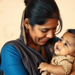Photorealistic portrait of a Bangladeshi mother gently holding her child, 35mm portrait, subtle depth of field, warm tones.