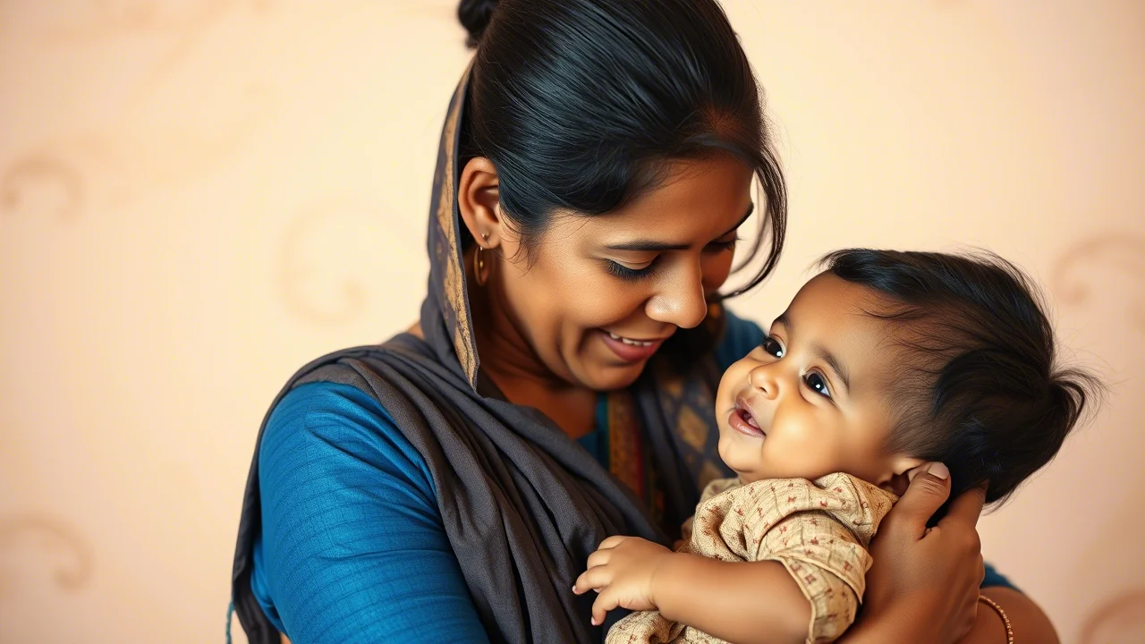 Photorealistic portrait of a Bangladeshi mother gently holding her child, 35mm portrait, subtle depth of field, warm tones.